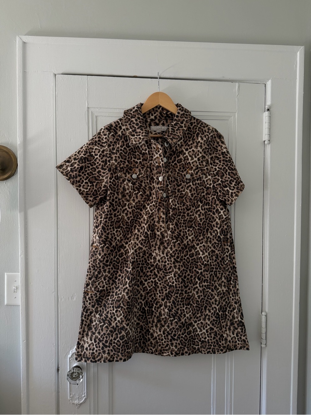 Leopard Print Short Sleeve 100% Cotton Shirt Dress